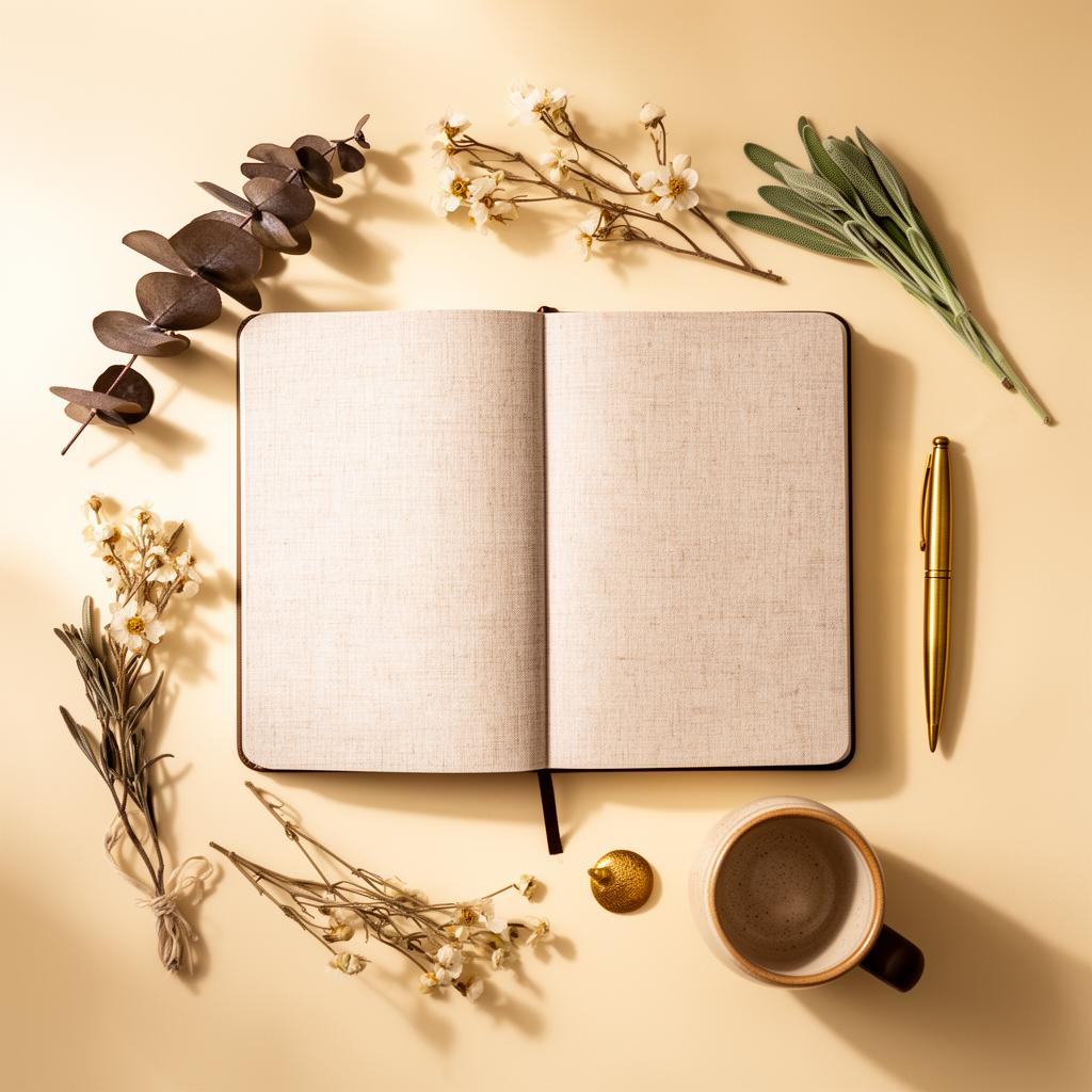 Open linen journal surrounded by dried botanicals, sage, and a brass pen